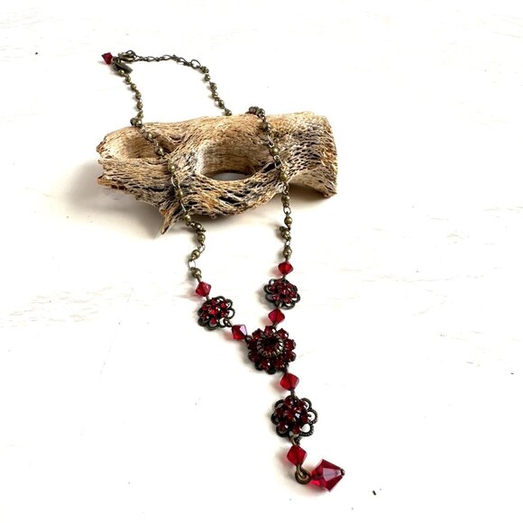 Liz Paiacios Red Rhinestone Lariat Necklace, Vintage Crystal Jewelry - Picture 2 of 8